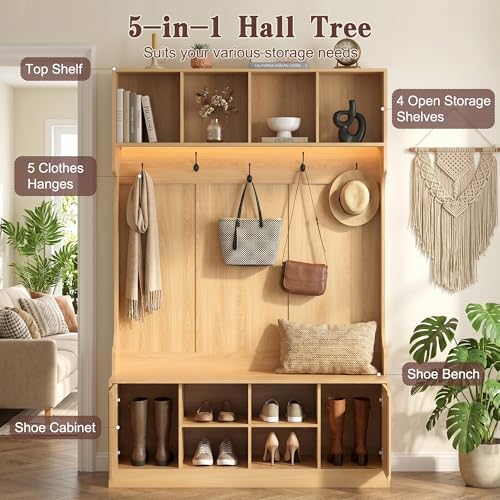 5-in-1 Hall Tree with Bench and Shoe Storage with LED Sensor Light, OAK丨Entryway Coat Rack with Hooks and Storage Cubes, Shoe Cabinet with Fluted Door, Modern Hall Tree for Entryway, Living Room