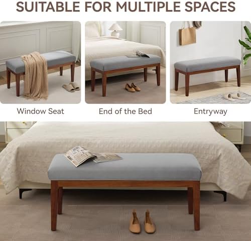 WUTUTUEE 43.5'' Linen Bedroom Bench, Upholstered End of Bed Bench, Padded Vintage Dining Bench, Entryway Bench with Solid Wood Legs, Kitchen, Living Room, Hallway, Light Grey