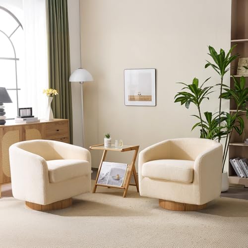 VINGLI 360°Swivel Accent Chairs Set of 2 with Engineered Wood Base and Removable Cushion for Living Room, Bedroom, Curved Back Barrel Chairs for Small Space, Upholstered Bucket Armchairs, Teddy Khaki