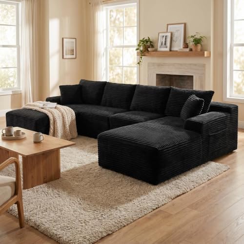 135-Inch U-Shaped Compressed Cloud Sofa Modular Boneless Cloud Sectional Sofa W/Right Facing Chaise Lounger and Ottoman, Oversized Plush Corduroy Corner Boneless Foam Couches
