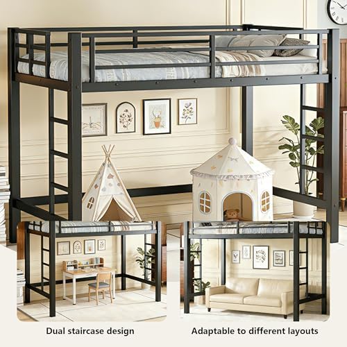 Bellemave Twin Size Loft Bed Frame with 2 Ladder, Sturdy Metal Construction & High Guardrail, Space-Saving Twin Loft Bed for Kids, No Box Spring Needed, Safe for Kids, Adults, Teens, Dorms, Black