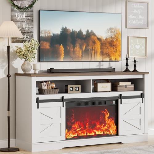 JUMMICO Fireplace TV Stand for 65 Inch TV with 26'' Fireplace(Bright White)