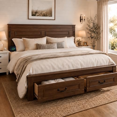 Queen Size Bed Frame with 2 Storage Drawers & Tall-Panel Headboard