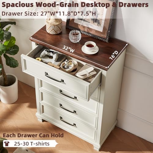 SAVOR LIFE Farmhouse 5 Drawer Dresser for Bedroom, White