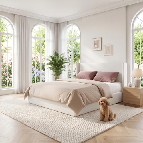 Queen Lift Up Storage Bed, Corduroy Platform Bed with Headboard, Cream