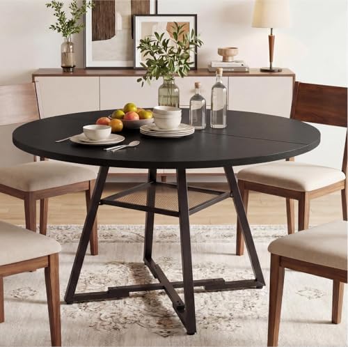 Alpen 42" Round Dining Table for 4-6, Small Kitchen Table with Storage Shelf, Wood Industrial Circle Table with Pedestal Metal Frame, Small Space Table for Apartment, Dining Room, Black