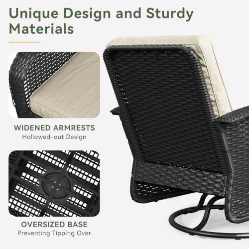 Aoxun 3 Pieces Patio Furniture Set, Patio Swivel Rocker Chairs Set of 2, Wicker Outdoor Bistro Set with Rocking Chair, Thickened Cushions and Table for Porch (Beige)
