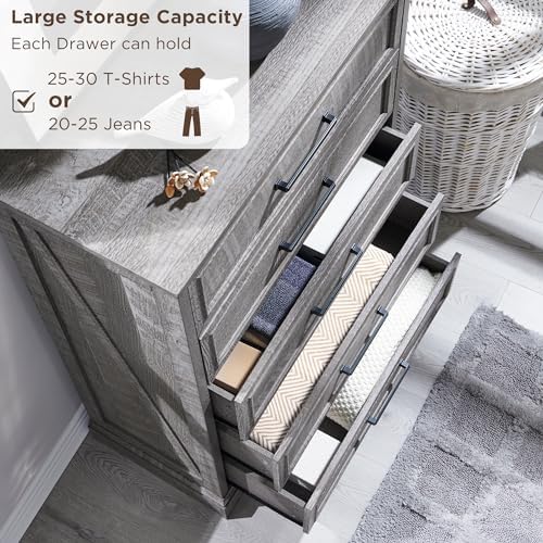 ACCOHOHO Farmhouse 5 Drawers Dresser Chests for Bedroom, Gray