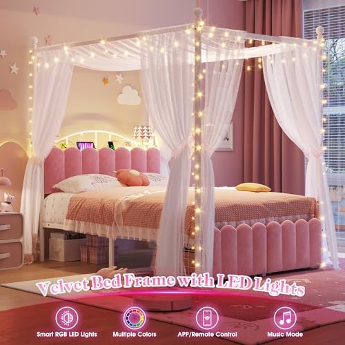 Homkdom Full Canopy Bed Frame with 2 Drawers and LED & Charging,Pink