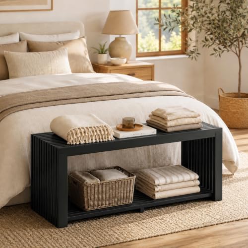 Bamboo Bench with Shelf, 35'' Entryway Bench Seat, Black