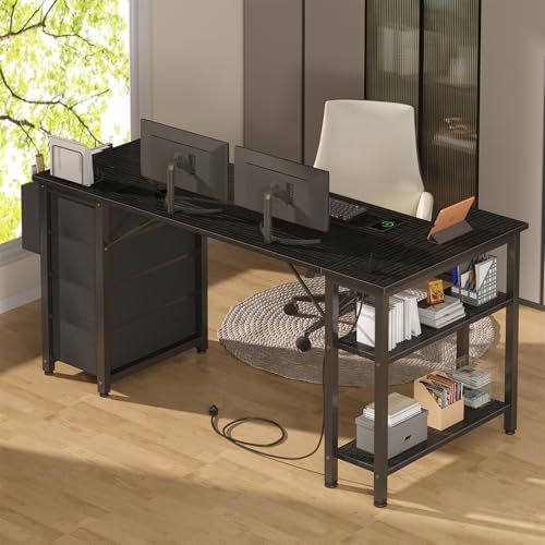 Lufeiya L Shaped Gaming Desk with Drawers & Storage Shelves, 63 Inch Corner Computer Desk with Power Outlet for Home Office Bedroom, L-Shaped Teen PC Desks with Fabric Drawer, Black