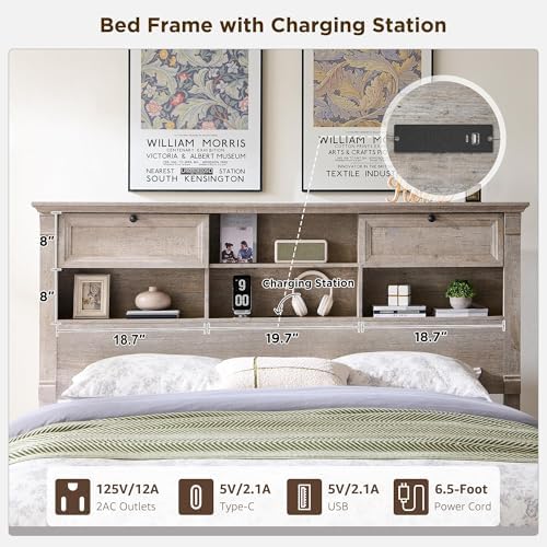 Queen Size Bed Frame 2 Drawer & 4 Storage Rack Headboard Charging Station