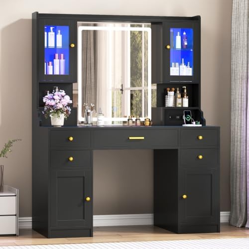 CSZZD Makeup Vanity Desk with Mirror and Lights, Black Vanity Table Set with Charging Station, Dressing Table with RGB Cabinets, Makeup Vanity Mirror with Light Desk and Drawers, 3 LED Light Modes