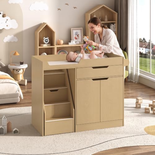 St.Mandyu Baby Changing Table with Drawers & Storage, Diaper Changing Station with Stairs, Toddler Wooden Changing Table with Paper Roller for Daycare & Home, Oak