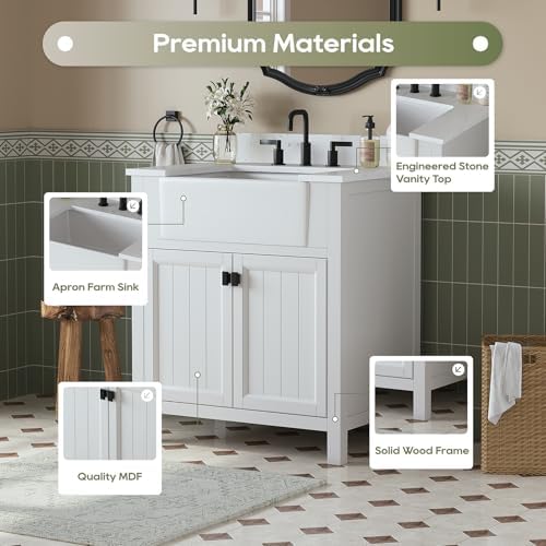 30 Inch Bathroom Vanity with Apron Farm Sink, White | Solid Wood Fully Assembled Bathroom Sink Cabinet, Farmhouse Single Sink Bathroom Vanity with Soft Close Doors, Stone Top