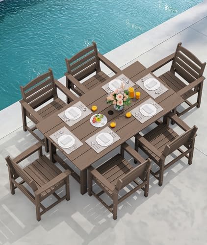 SERWALL HDPE Dining Set with Umbrella, Outdoor Dining Set for 6, Coffee