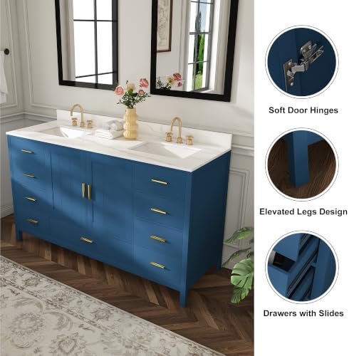 Montary 60" Bathroom Vanity with 2 Sinks & 61" Carrara Quartz Top | with 6 Pre-Drilled Faucet Holes, Solid Wood Cabinet, Soft-Close Double Doors & 9 Smooth-Glide Drawers,Blue
