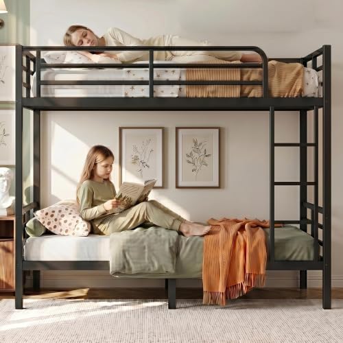 Bunk Bed Twin Over Twin, Heavy Duty Metal Twin Bunk Beds for Teens and Adults, Noise-Free Design Bunkbeds with Ladder, Guardrail for Bedroom, Dorms and Apartment, No Box Spring Required, Black