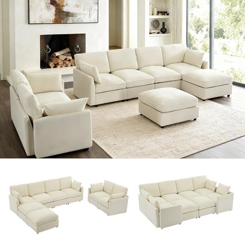 Iroomy Modular Sectional Couch for Living Room, Spring Cushion Seating, Modern Convertible Cloud Sofa with Ottoman, Beige