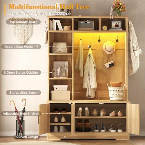 CSZZD Fluted Hall Tree with Bench and Shoe Storage and LED Lights
