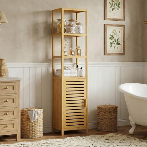 HITNET Bathroom Floor Cabinet, 6 Tier Tall Thin Linen Tower Storage Cabinet Free Standing Bamboo, Kitchen Side Organizer with 3 Shelves and Cupboard, Natural