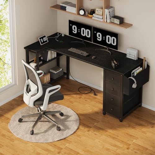 Lufeiya L Shaped Gaming Desk with Drawers & Storage Shelves, 63 Inch Corner Computer Desk with Power Outlet for Home Office Bedroom, L-Shaped Teen PC Desks with Fabric Drawer, Black