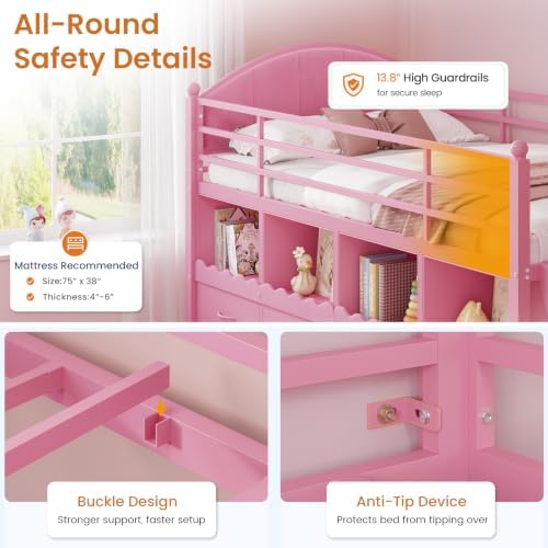 DICTAC Low Loft Bed Twin Size with 8 Drawers, 4 Bookcase & LED Lights, Pink
