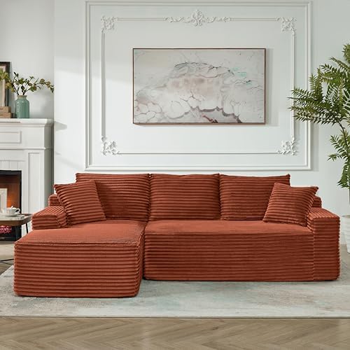 95" L-Shaped Left Facing Cloud Sectional Couch for Living Room, Modular Compressed Boneless Sectional Sofa Corduroy Boneless Corner Foam Sofa W/Chaise Lounge and Pillows
