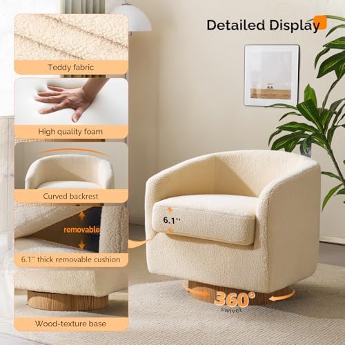 VINGLI 360°Swivel Accent Chairs Set of 2 with Engineered Wood Base and Removable Cushion for Living Room, Bedroom, Curved Back Barrel Chairs for Small Space, Upholstered Bucket Armchairs, Teddy Khaki