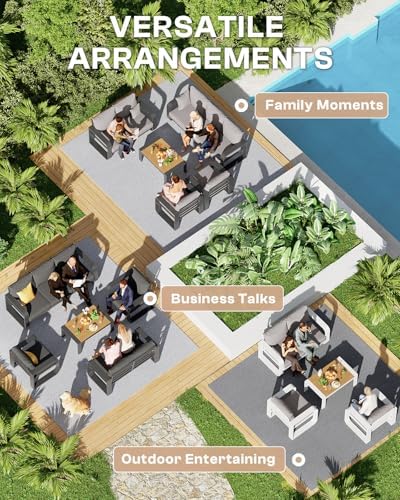 Oversized Aluminum Outdoor Furniture Set, Extra Large Patio Furniture Sofa Set 4.8” Widened Armrest & Ultra-Thick Cushions, 5 Pcs Modern Patio Sectional for Backyard, Porch, White