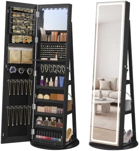 SONGMICS HOME LED Standing Jewelry Armoire, Vanity Mirror with Storage | Full Length Mirror with Lights, Lockable Large Jewelry Box, Space-Saving Jewelry Organizer, Gift Idea, Black UJJC008B01SH