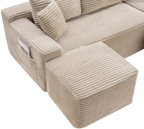 95-Inch U-Shaped Right Facing Corner Compressed Sofa Modular Sectional Boneless Cloud Sofa Floor Foam Couch W/Chaise Lounge & Ottoman, Corduroy Corner Boneless Cloud Couch
