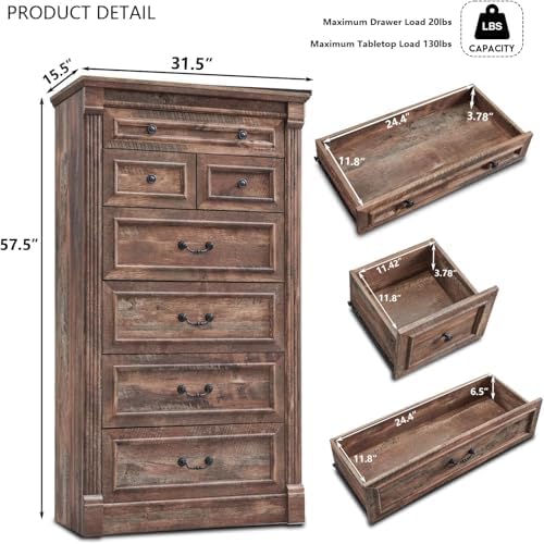 Aitjunz Farmhouse 57" Tall 7 Drawers Dresser for Bedroom, Light Brown
