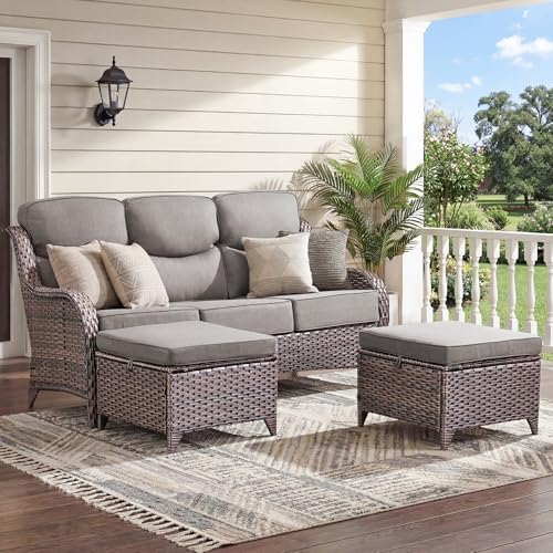 Luxury 3 Pieces Patio Furniture Sets-All Weather Wicker Rattan 3-Seat Sofa Set with Comfy 6" Cushion, Multifunctional Ottomans Patio Conversation Set for Deck Backyard Garden(Brown/Grey)