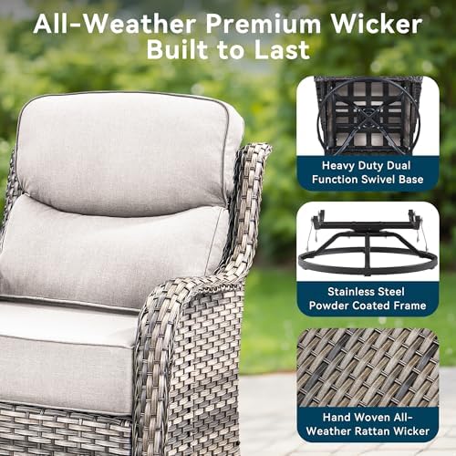 Luxury Wicker Patio Furniture Set-High Back Outdoor Swivel Chairs Set of 2 with 6" Thick Cushions Wide Armrest All Weather Patio Conversation Sets for Deck Porch Balcony(Grey/Beige)
