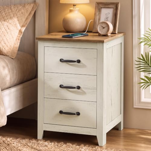 VASAGLE Farmhouse Nightstand with Charging Station, 3 Drawers