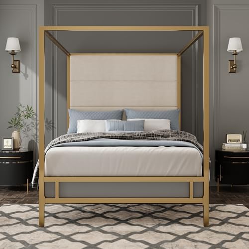 Merax Queen Size Gold Metal Canopy Bed Frame, 76.5" Tall Linen Upholstered Headboard, 4-Poster Bed with 800 lbs Capacity, Box Spring Required for Bedroom, Gold+Tan