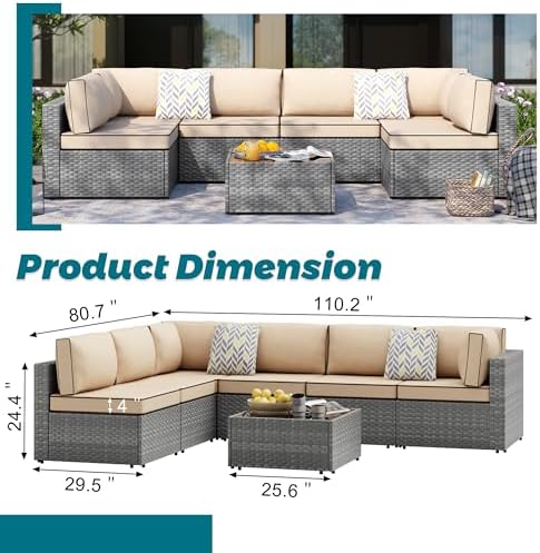SUNLEI 7pcs Patio Conversation Sets Outdoor Furniture Sets, High Back All-Weather Rattan Sectional Sofa with Tea Table&Washable Couch Cushions(Silver Rattan)(Khaki)