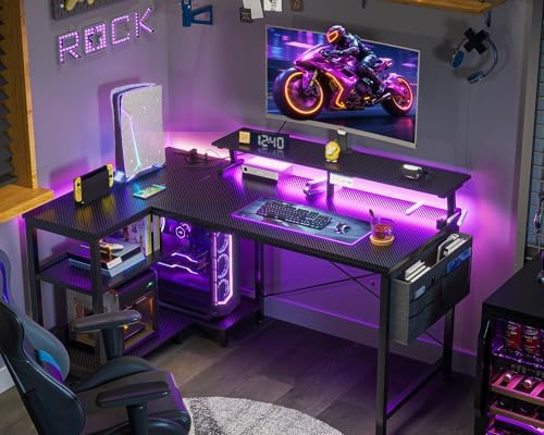 ODK 40 Inch L Shaped Gaming Desk with LED Lights, Power Outlets, Black