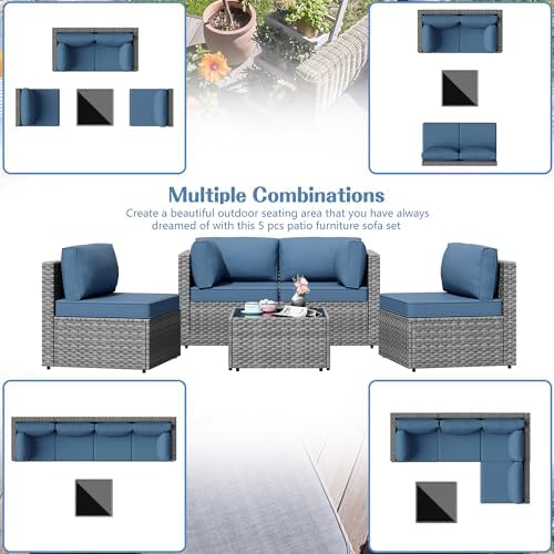 5 Piece Outdoor Patio Furniture Set with Silver PE Rattan, Navy Blue