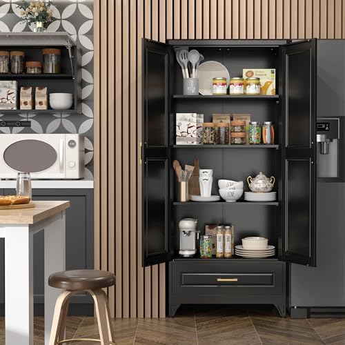 SteeLoong 75" Metal Storage Cabinet with Doors and 3 Adjustable Shelves | Kitchen Pantry Cabinet with Drawer,Black Kitchen Cabinet with 2 Gold Handles,Food Cupboard for Livingroom,Pantry, Bathroom