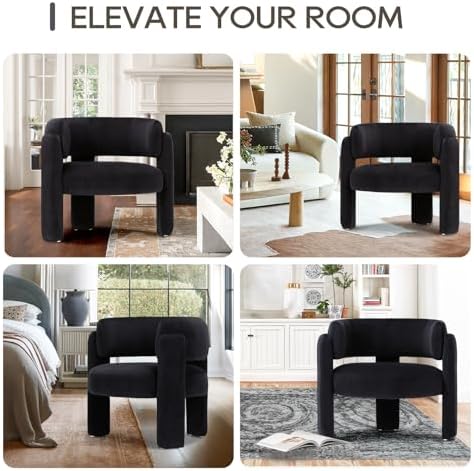 COLAMY Modern Accent Chair, Velvet Accent Chairs, Upholstered Barrel Chairs with Solid Wood Legs, Comfy Side Chair for Living Room, Bedroom, Reading, Cozy Reading Chair,Black
