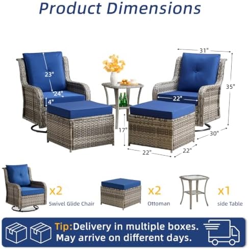Wumiokio Patio Furniture Sets, Wicker Outdoor Furniture - 360 Degree Swivel Rocking Chairs and Rattan Side Table for Garden,Porch,Backyard (Grey Wicker/Blue Cushion, 5PCS - Swivel Chairs & Ottoman)