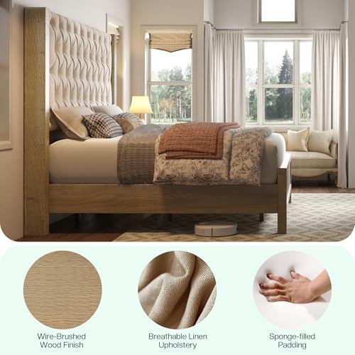 Jocisland Queen Size Solid Wood Bed Frame,57" Wingback Headboard,Gray Wash