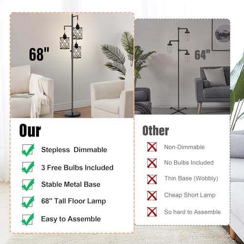 ROTTOGOON Dimmable Farmhouse Floor Lamp, Industrial Floor Lamp for Living Room with 3 X 6W LED Bulbs, 3 Light Rustic Standing Tall Lamp for Bedroom, Office, 68"