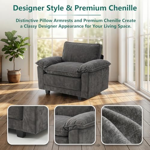 Modern Cloud Single Sofa, Comfy Chenille Couch for Living Room, Dark Gray