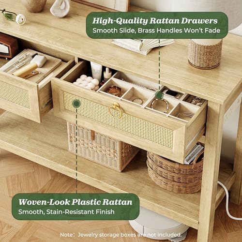 SUPERJARE Rattan Console Sofa Table with Outlets, USB-C Port and 3 Drawers