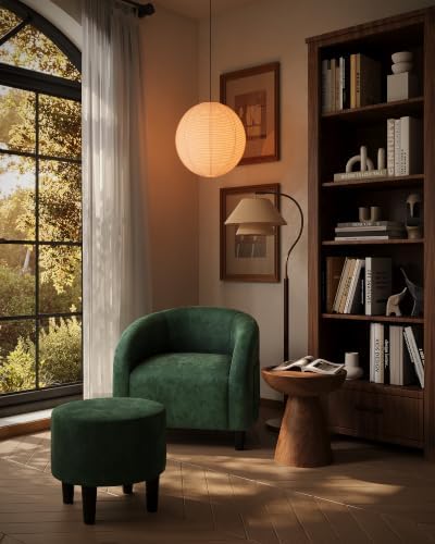 GarveeHome Accent Chair with Ottoman, Velvet Barrel Chair, Luxury Accent Armchair with Footstool for Reading Room Bedroom, Retro Green