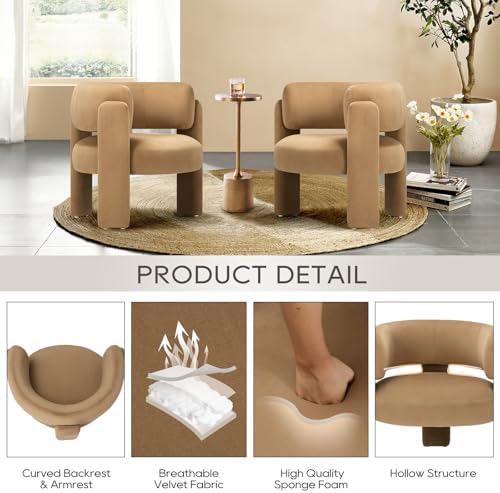 COLAMY Modern Velvet Accent Chair, Upholstered Barrel Chair, Comfy Side Arm Chair with 3 Legs for Living Room, Bedroom, Reading, Khaki