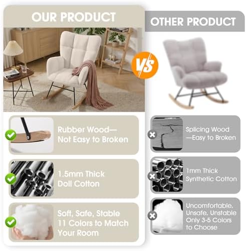 Nursery Rocking Chair, Teddy Upholstered Glider Chair with Thick Cushion, Tufted Gliding Rocker Chair with Wood Leg, Cozy Rocking Armchair, Accent Rocking Chair for Living Room (Ivory)